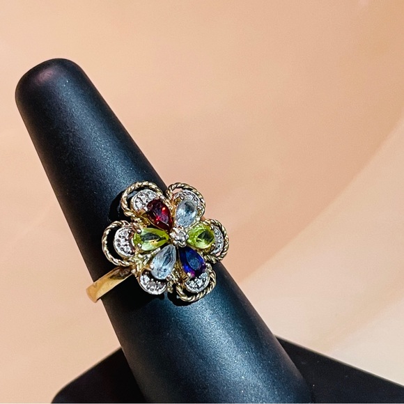 đź’•MARKDOWN! Beautiful Multi-Gem 925 Sterling Roped Flower Design Dinner Ring! - Picture 4 of 16